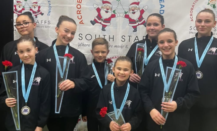 Eight Acrobatic Gymnasts each holding a red rose 